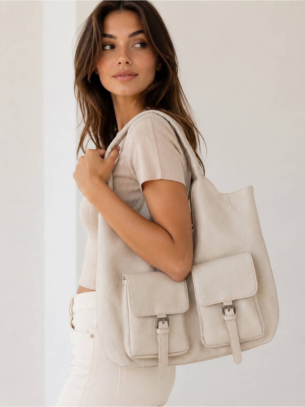 Urban Originals Cream Vegan Leather Tote Bag Large Slouchy Pocket Purse